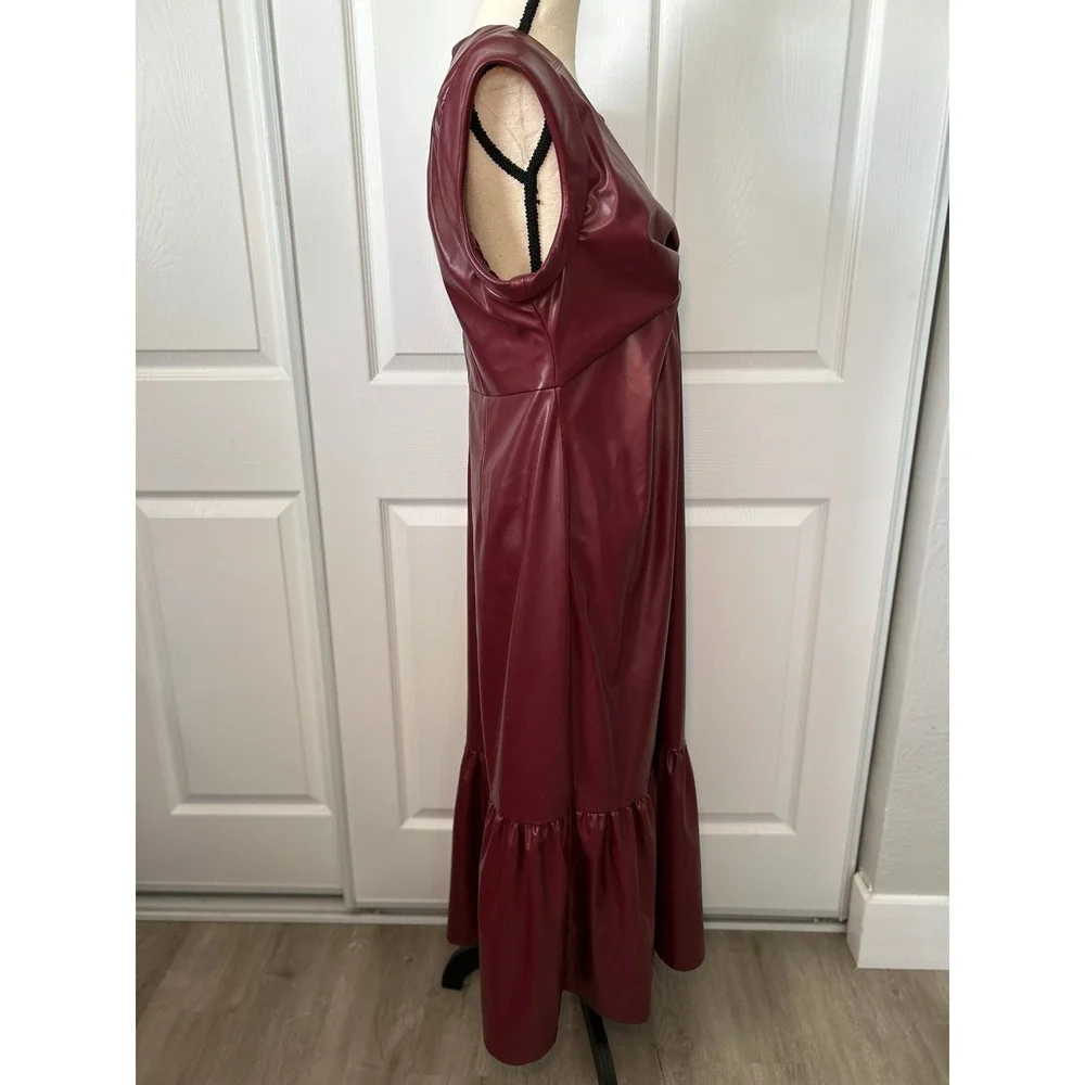 Donna Morgan‎ Faux Leather V-Neck Twist Detail Midi Dress Burgundy Size 14 - Picture 4 of 8